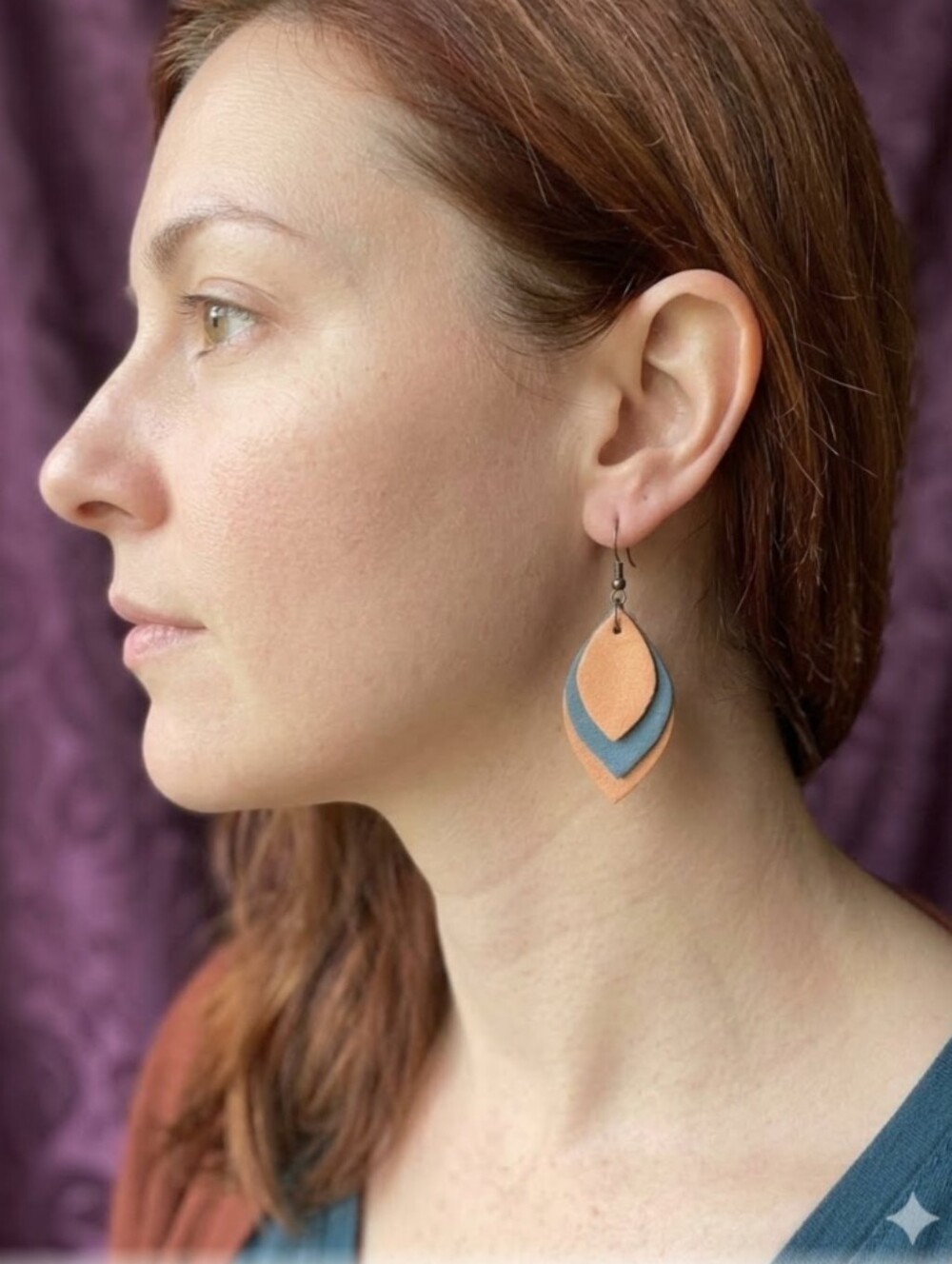Handmade Blue and Tan Genuine Leather Layered Leaf Drop Earrings 925 Hook